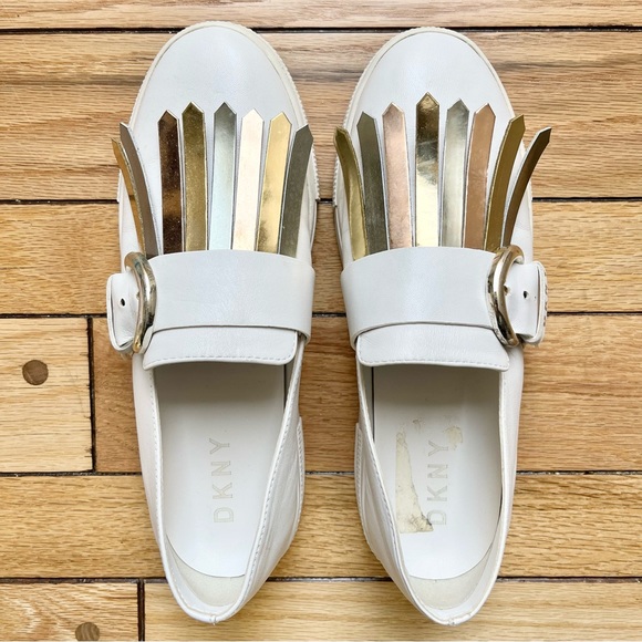 Dkny Shoes Sz 65 Dkny Leather White Gold Slip On Sneakers Buckle